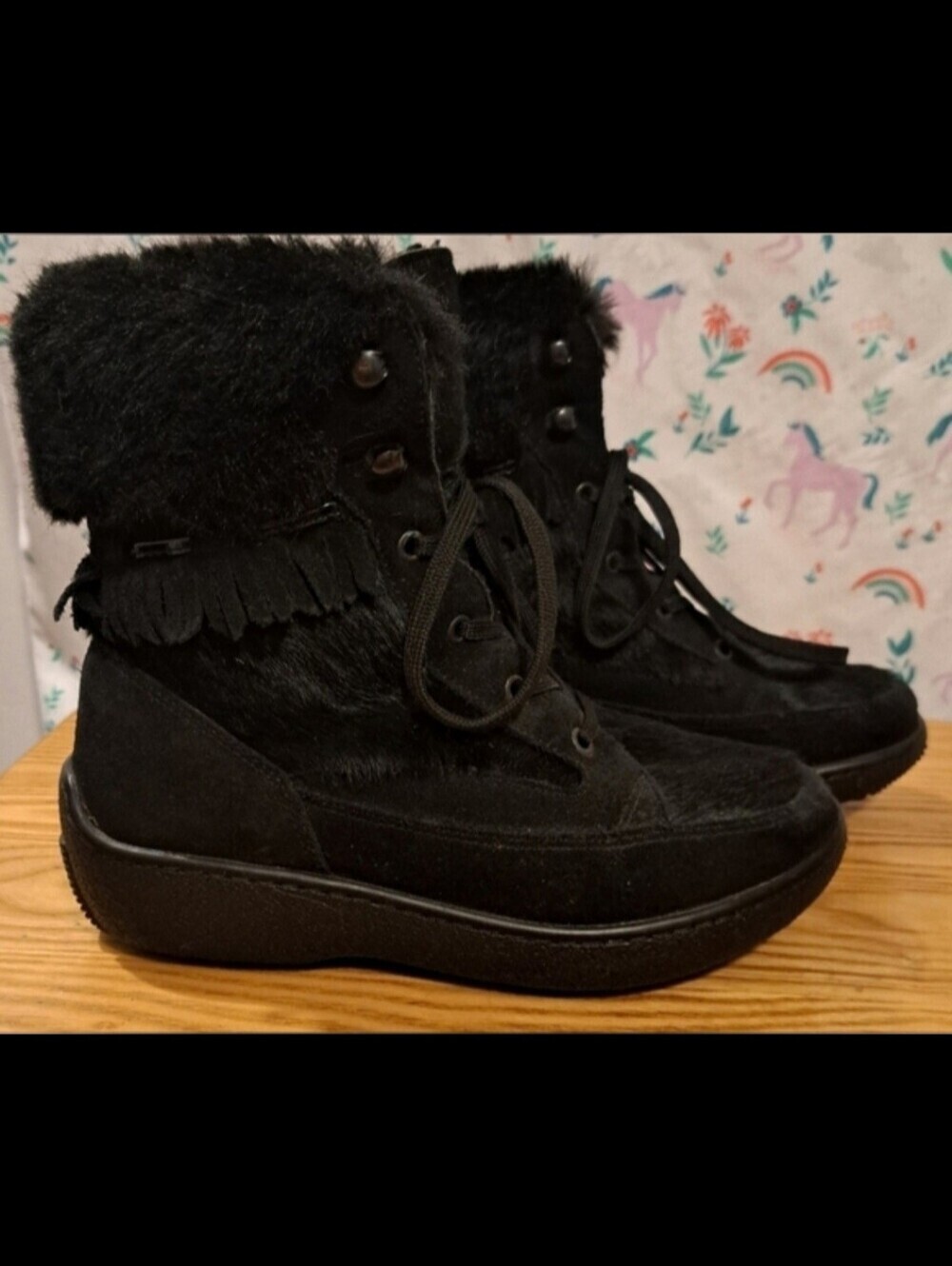 NWOT Oscar Black Rabbit Fur & Shearling Winter Outdoor Ankle Snow Boot SZ 7.5